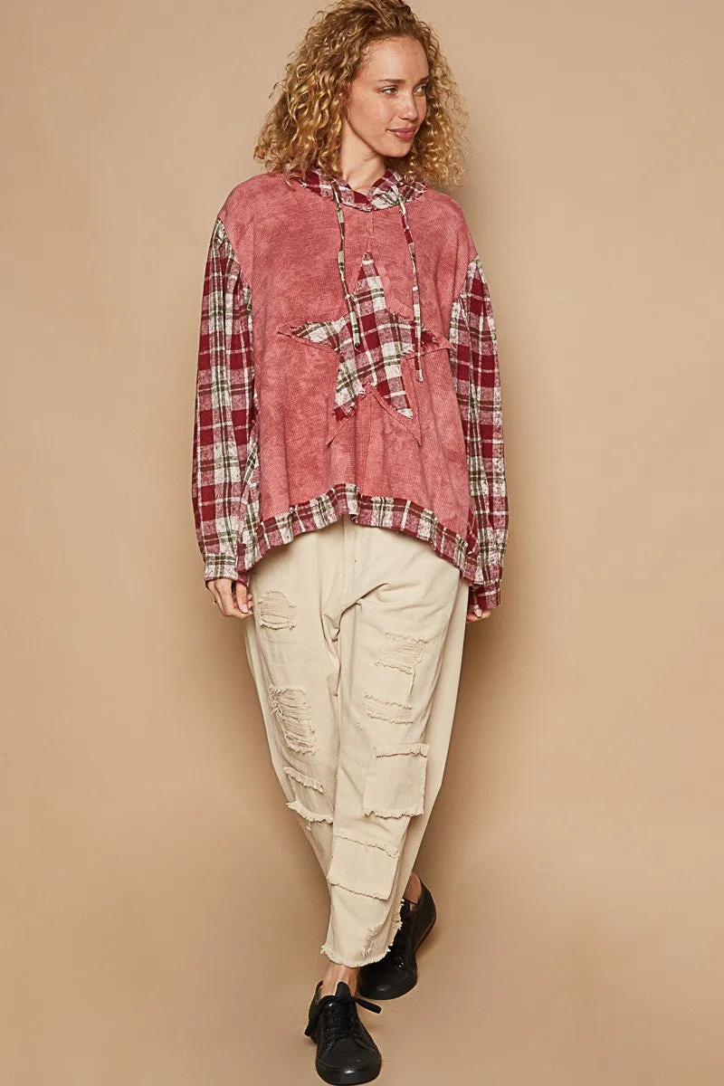 Born A Star Patch Plaid Long Sleeve Hooded Top